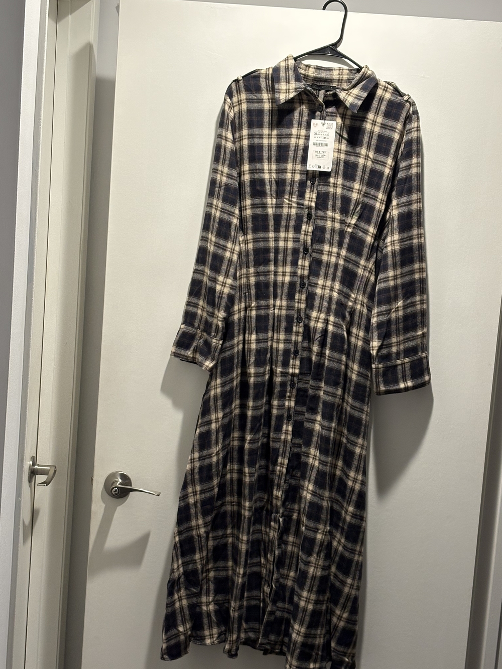 Zara Navy and Cream Plaid Maxi Shirt Dress